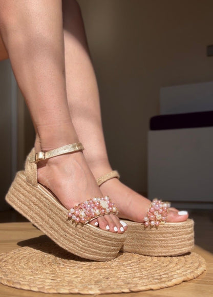Sandalias de Yute con Perlas Rosadas – Plataforma Artesanal Hecha a Mano | Eleglam